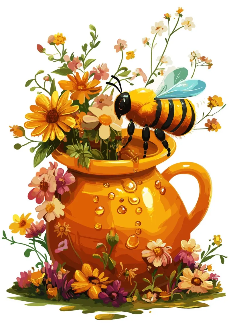 Vasetto di miele con ape e fiori estivi pellicola backlit da pixelbull - medieval art and more
