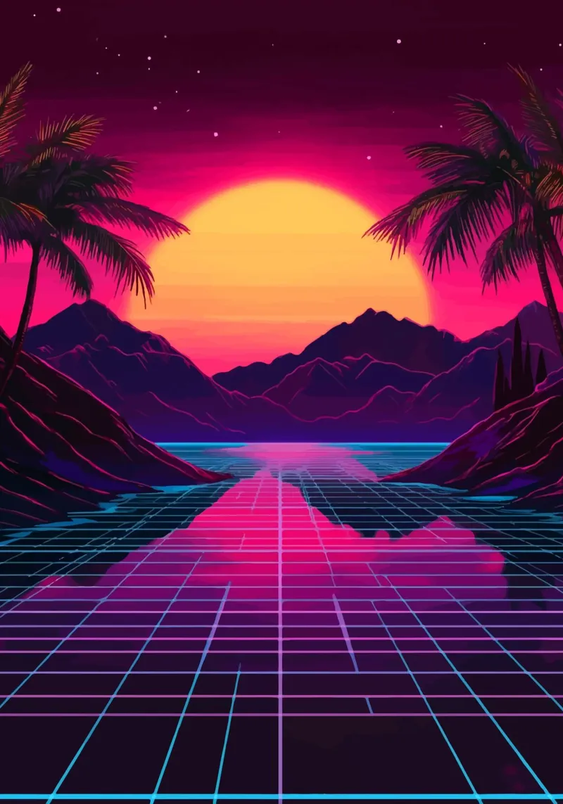 Tramonto retro synthwave pellicola backlit da pixelbull - medieval art and more