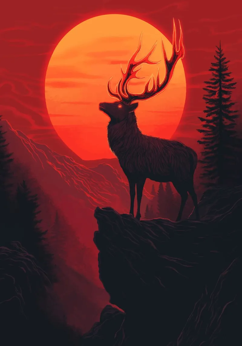 Un maestoso cervo davanti a un tramonto rosso sangue pellicola backlit da pixelbull - medieval art and more