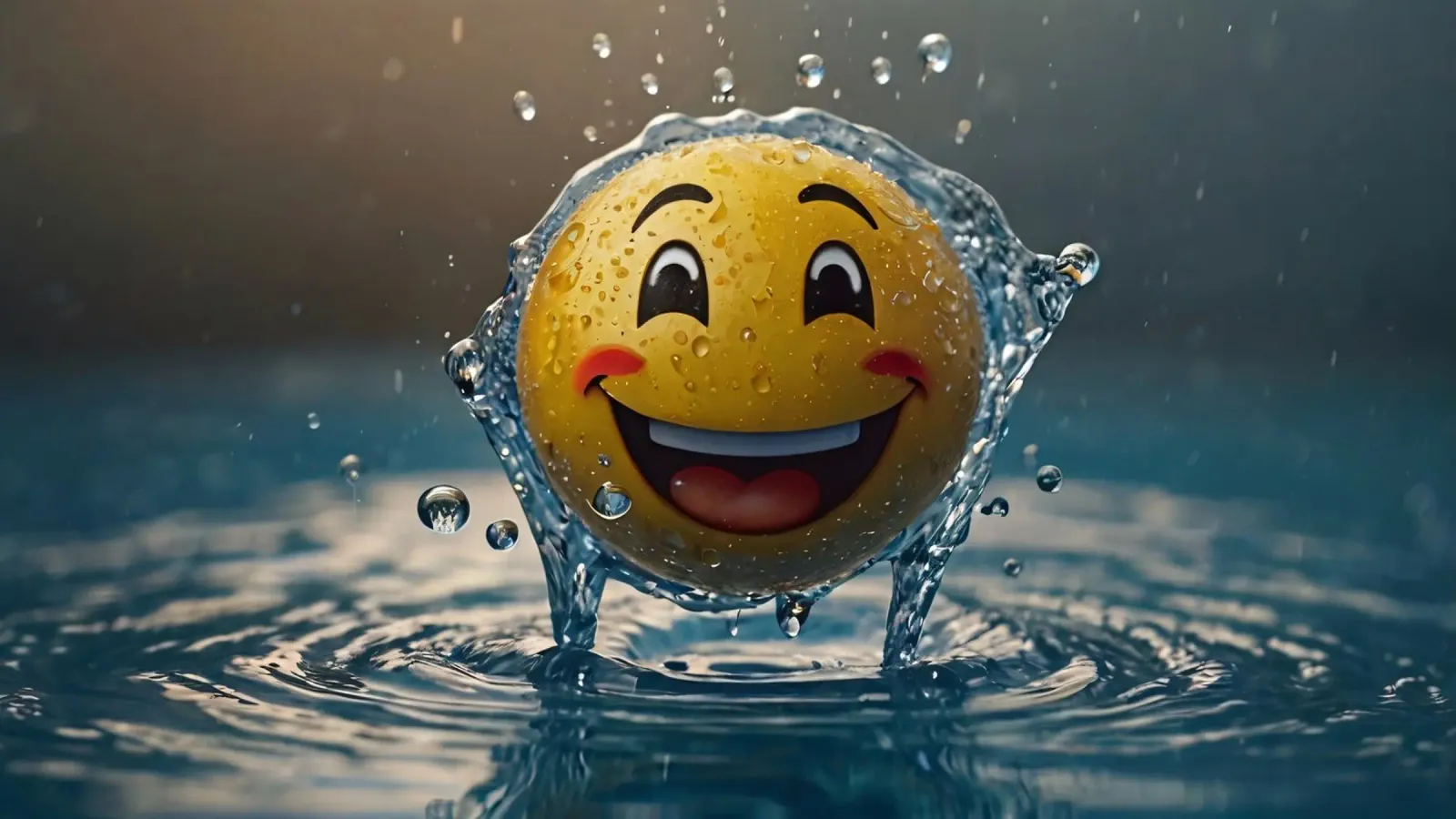 smiling yellow emoji splashes joyfully in a shimmering water canvas by DesignDoodle