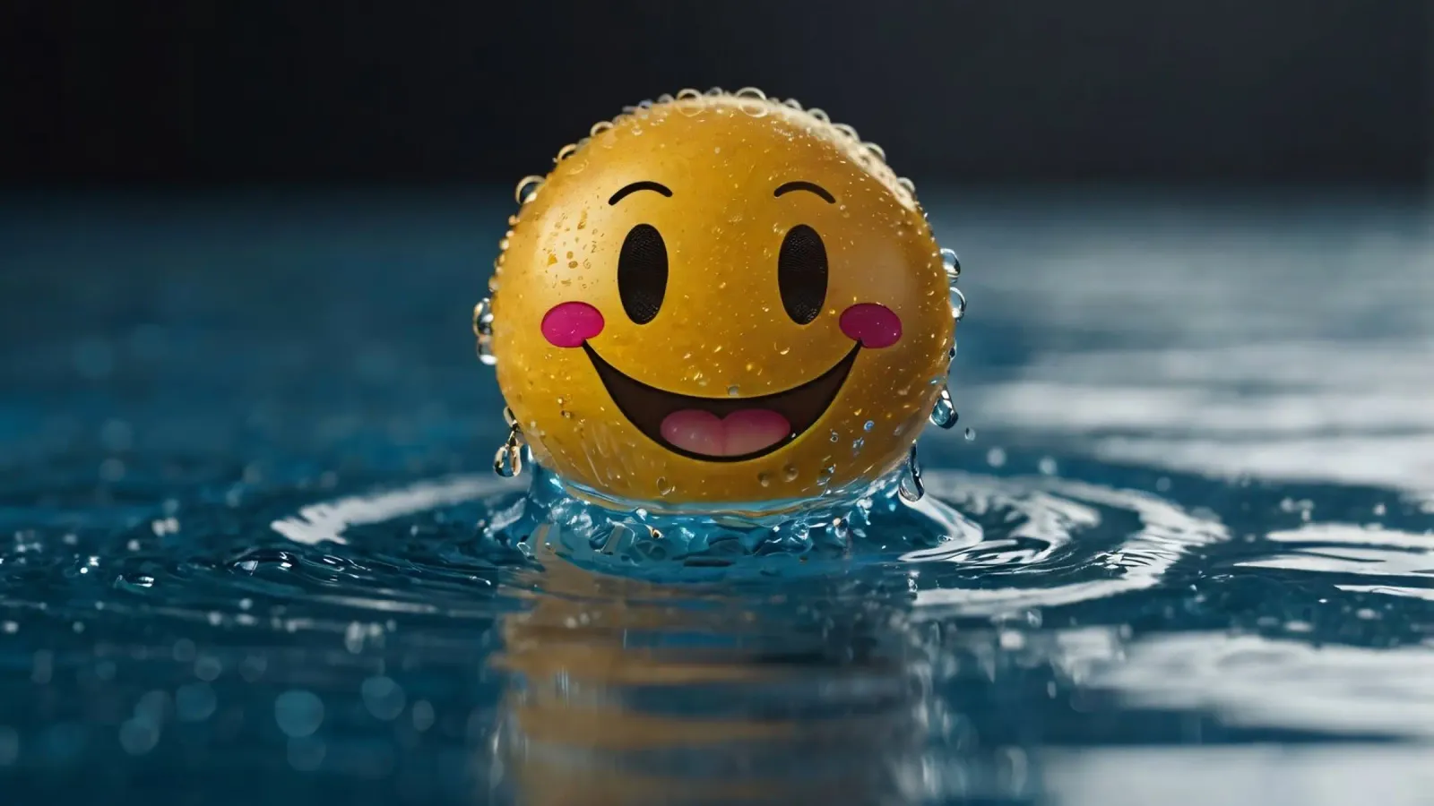 Un smiley jaune joyeux flottant sur l'eau avec des gouttes d'eau. hahnemühle de DesignDoodle