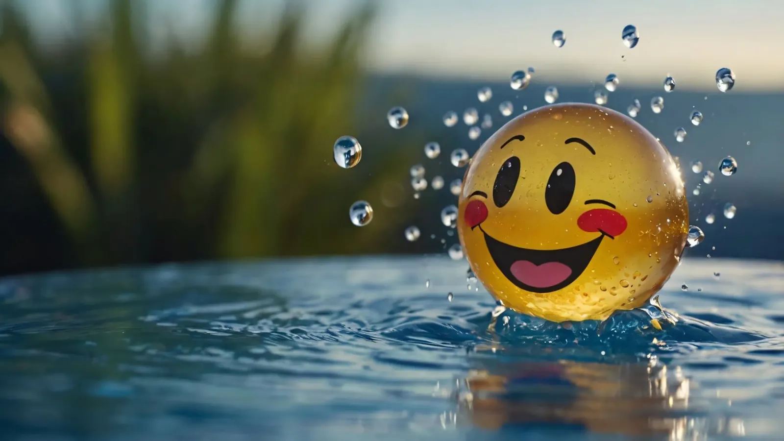 A cheerful smiling ball splashing into a serene pool canvas by DesignDoodle