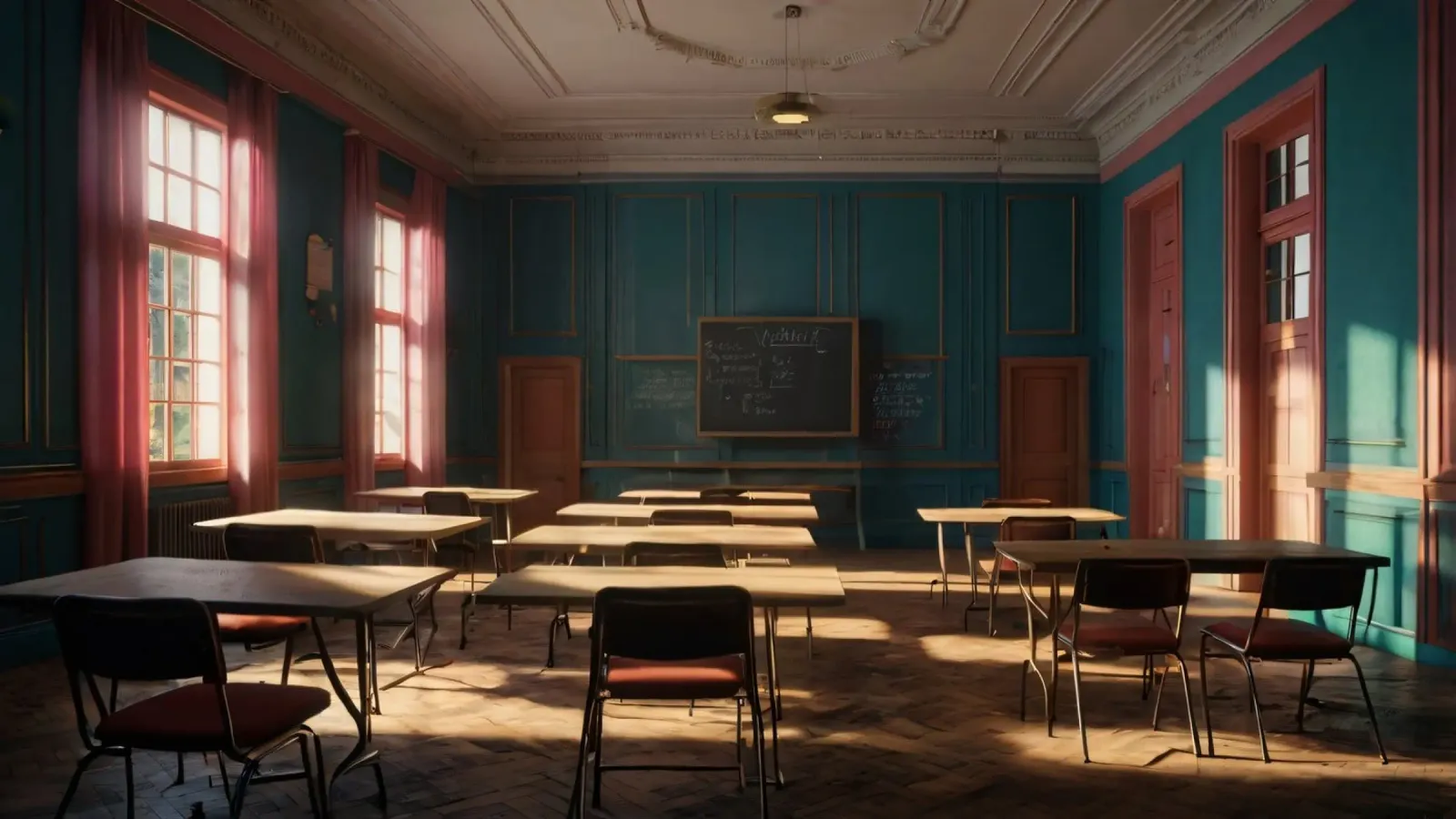 Quiet classroom with empty desks and warm afternoon light canvas by DesignDoodle