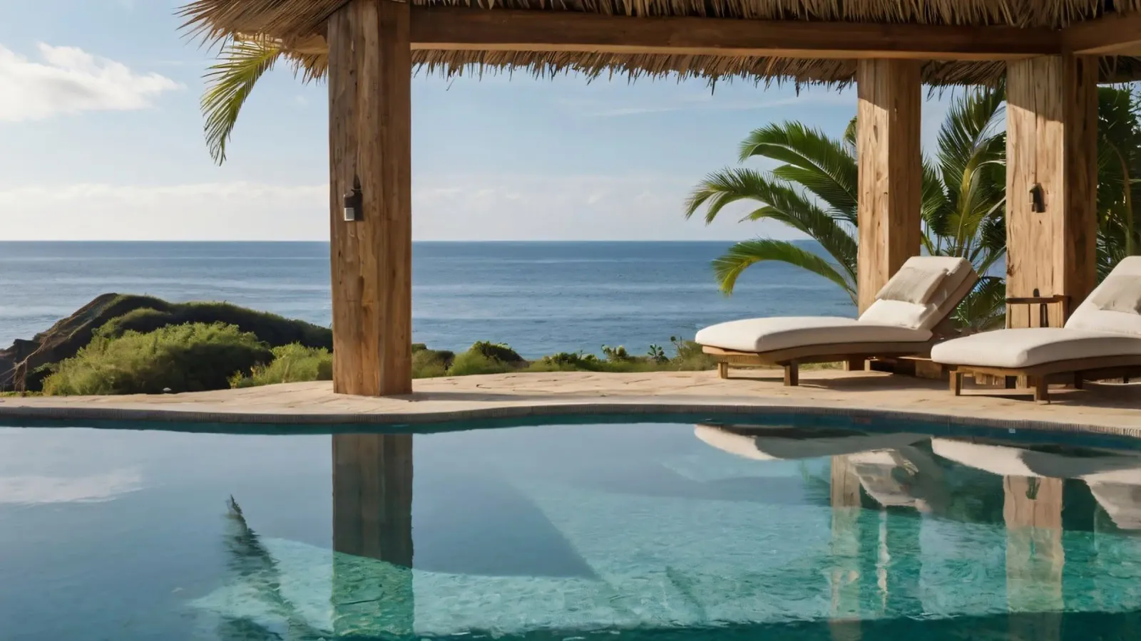Relaxing by the tranquil poolside with ocean view canvas with Floater frame by DesignDoodle