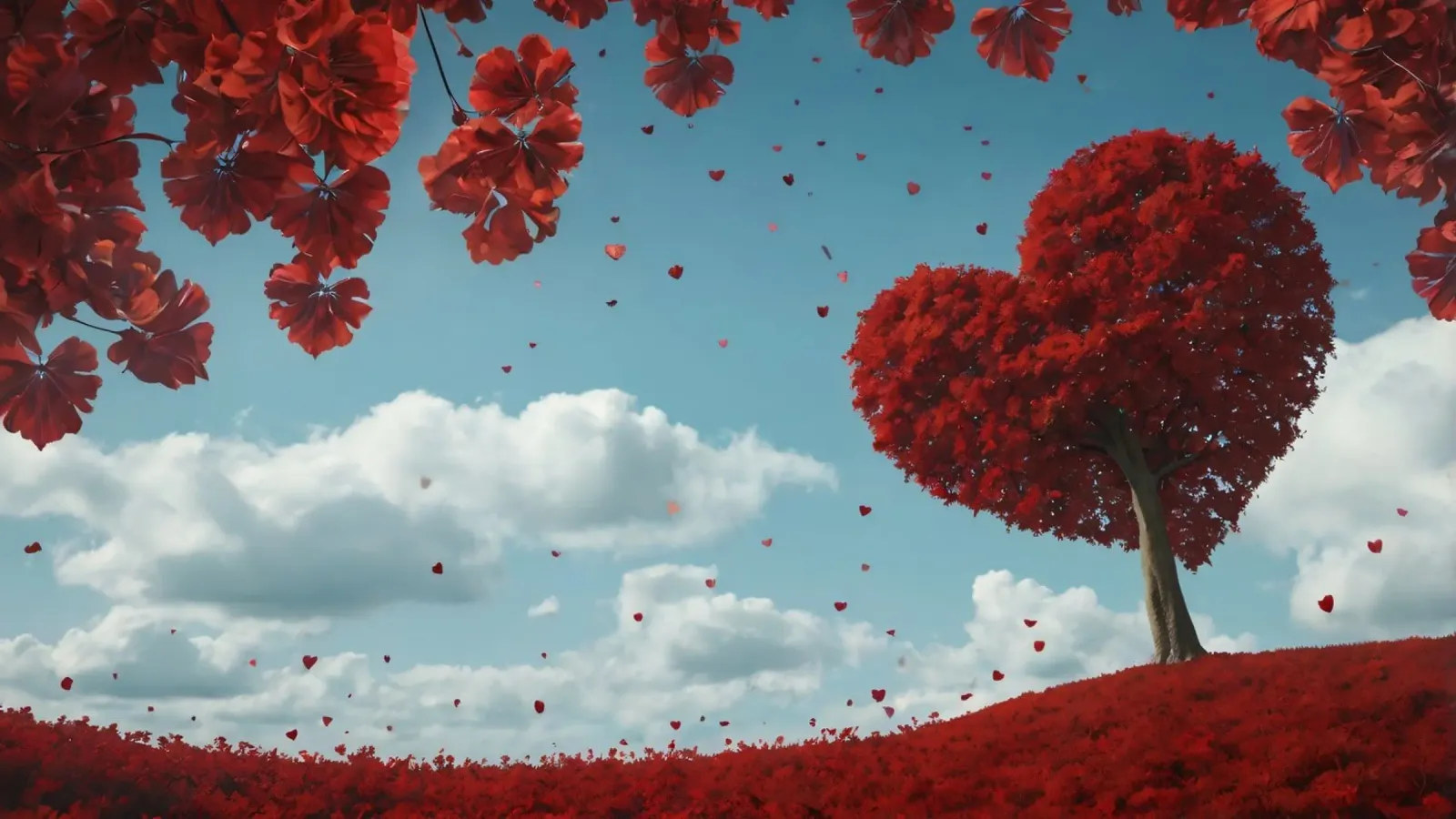 Un rigoglioso albero rosso a forma di cuore circondato da fiori rossi pellicola backlit da DesignDoodle
