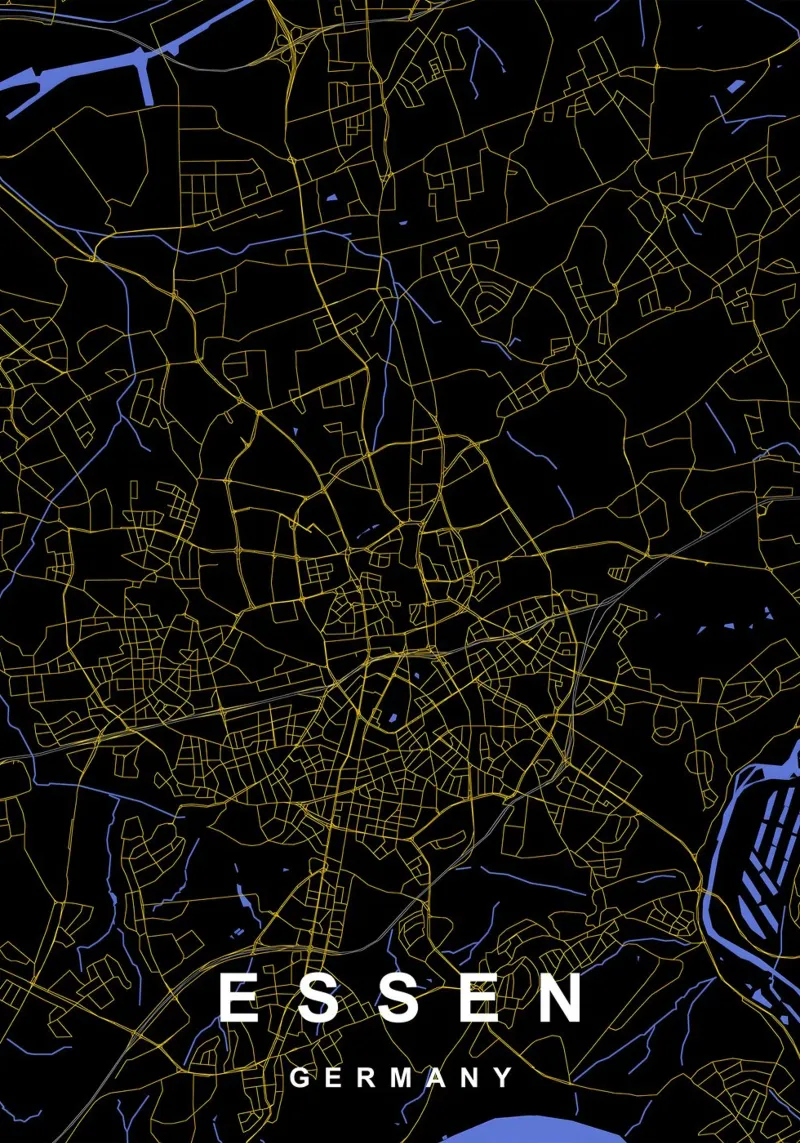 Essen Germania - Mappa della città in nero e oro alluminio dibond da Cartographers Library