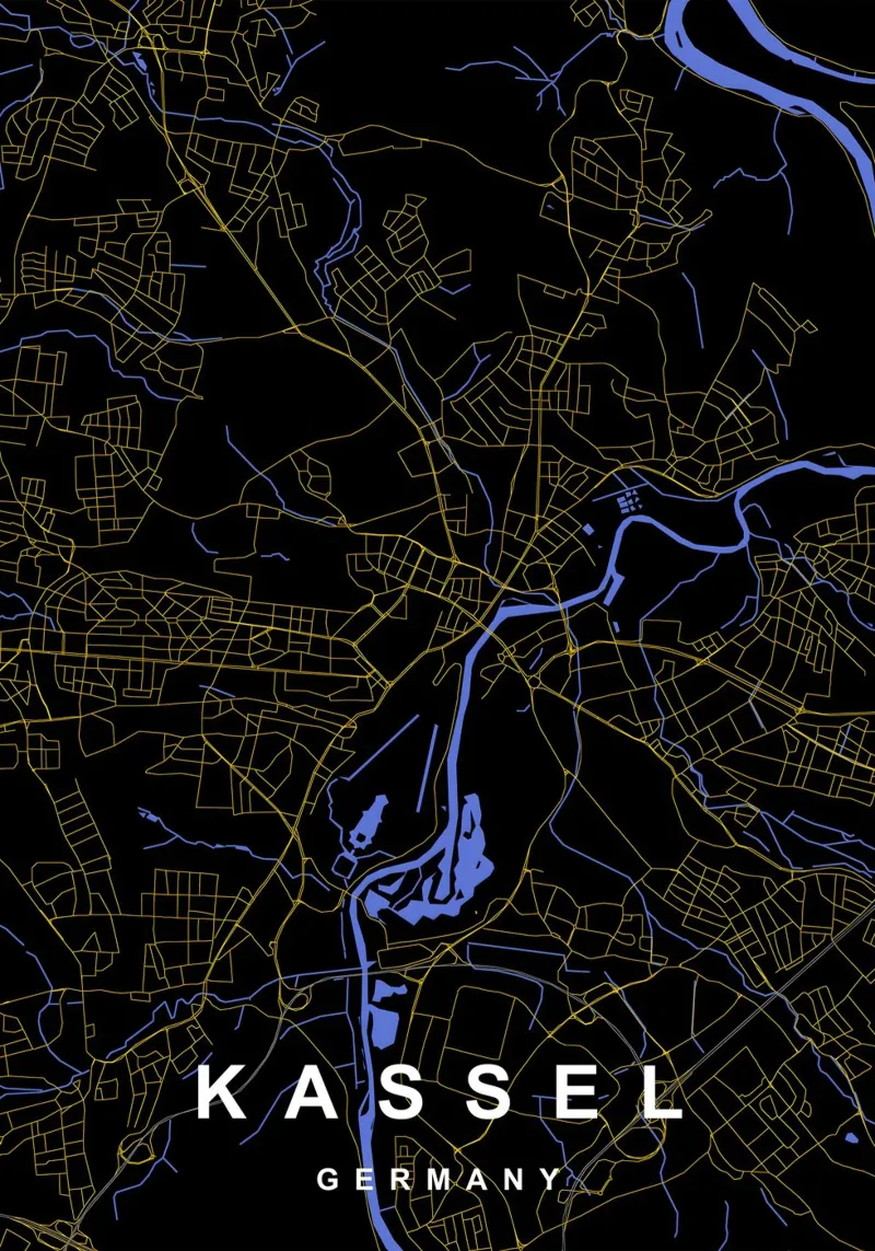 Kassel Germania - Mappa della città in nero e oro poster con telaio in legno da Cartographers Library