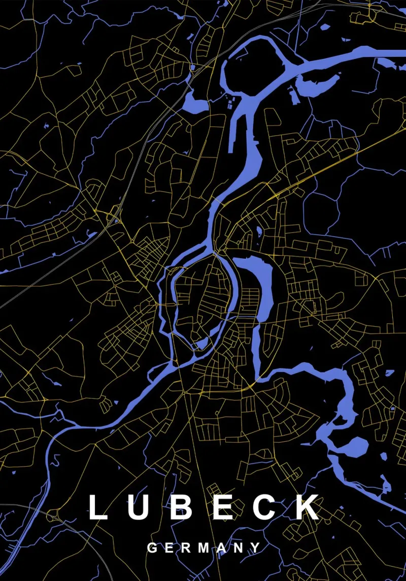 Lubecca Germania - Mappa della città in nero e oro pellicola backlit da Cartographers Library