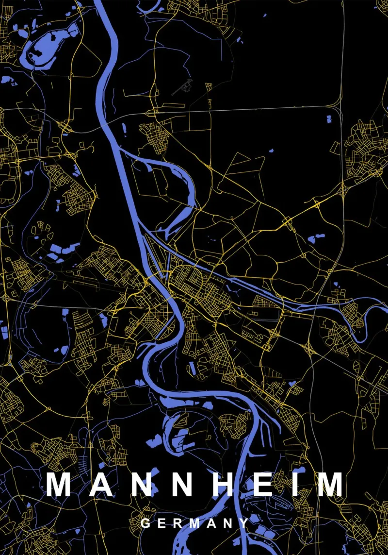 Mannheim Germania - Mappa della città in nero e oro poster da Cartographers Library