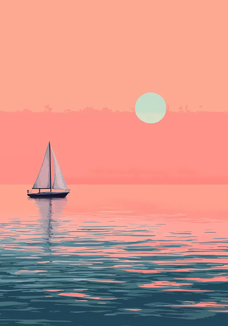 Barca a vela al tramonto minimalista poster con telaio in alluminio da Bartosz Powalka