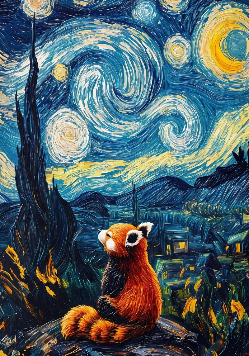 Panda rosso Paesaggio notturno stellato carta hahnemühle da Adrian Patel