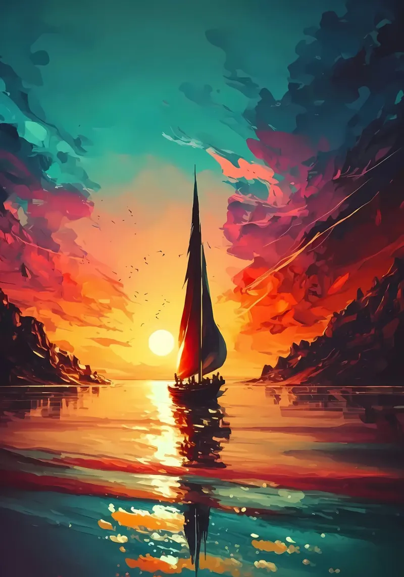 Zeilboot Zonsondergang Landschap poster met houten frame van Bartosz Powalka