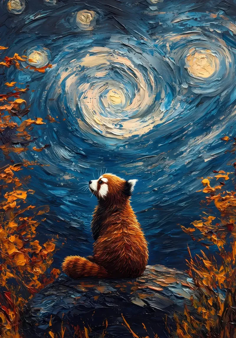 Panda rosso Notte stellata poster con telaio in plastica da Adrian Patel