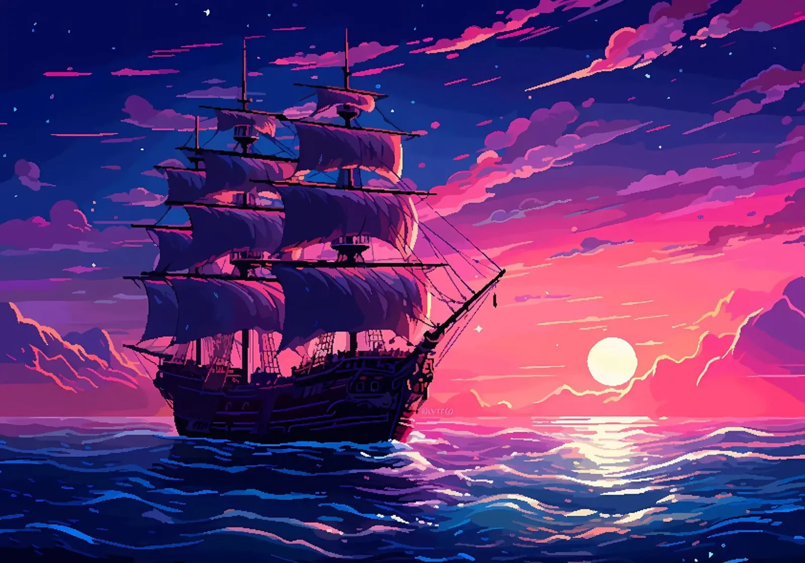 Ship Sails Retro Pixel Art alu dibond de Bartosz Powalka
