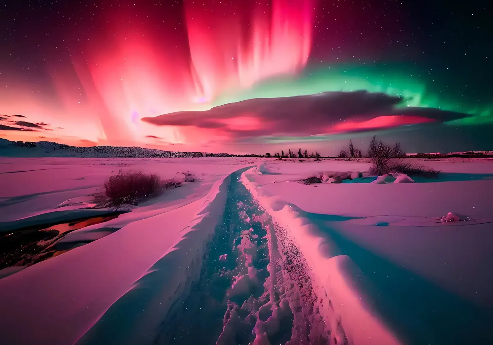 L'Aurora Boreale sul sentiero innevato pellicola backlit da Matthew Katz