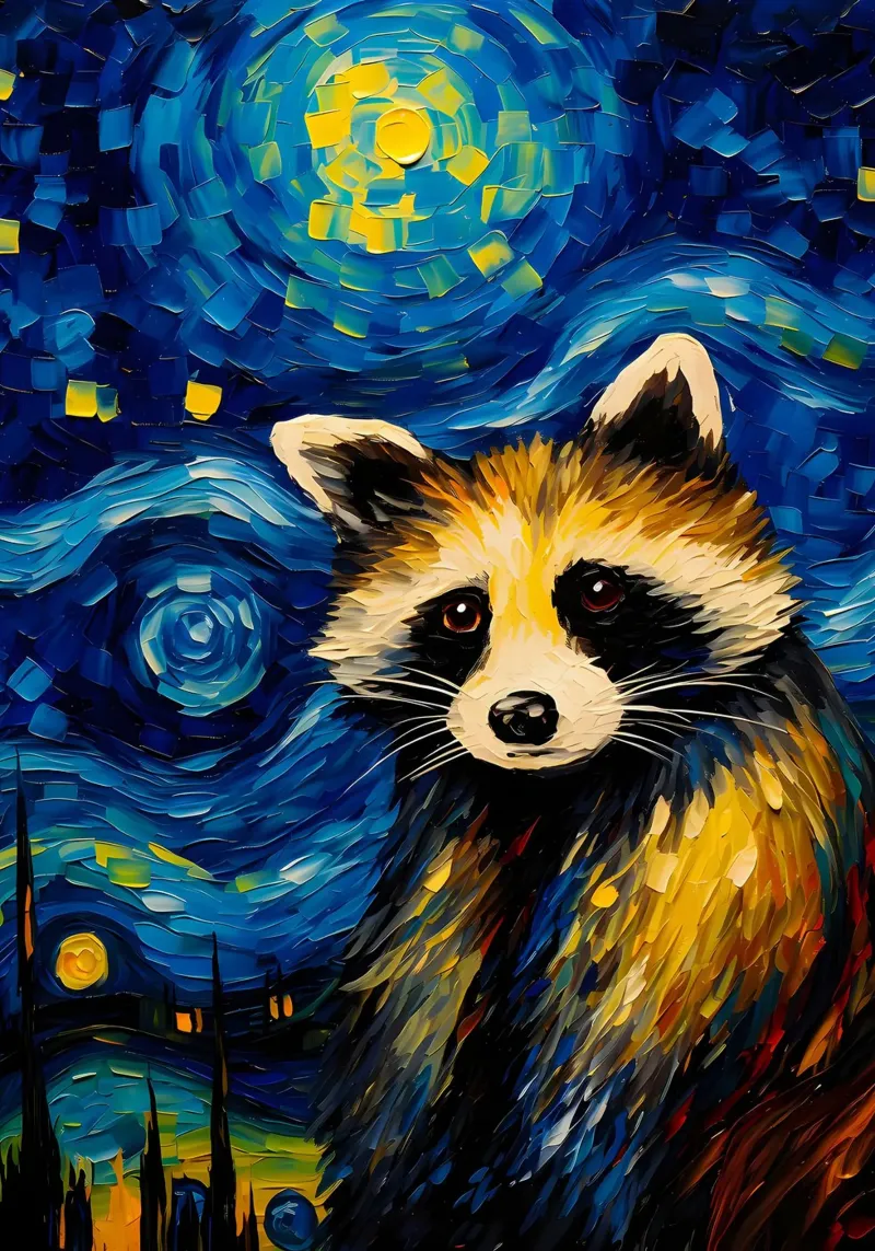 Il procione della notte stellata poster con telaio in plastica da Adrian Patel