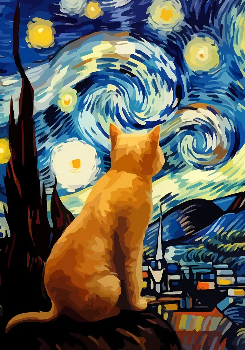 Gatto notturno stellato poster con telaio in alluminio da Adrian Patel