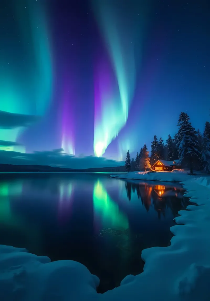 L'Aurora Boreale sopra una baita sul lago carta hahnemühle da Matthew Katz