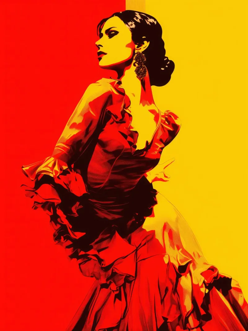 Flamenco First | Ballerina di flamenco stilizzata in giallo e rosso carta hahnemühle da Autofocus