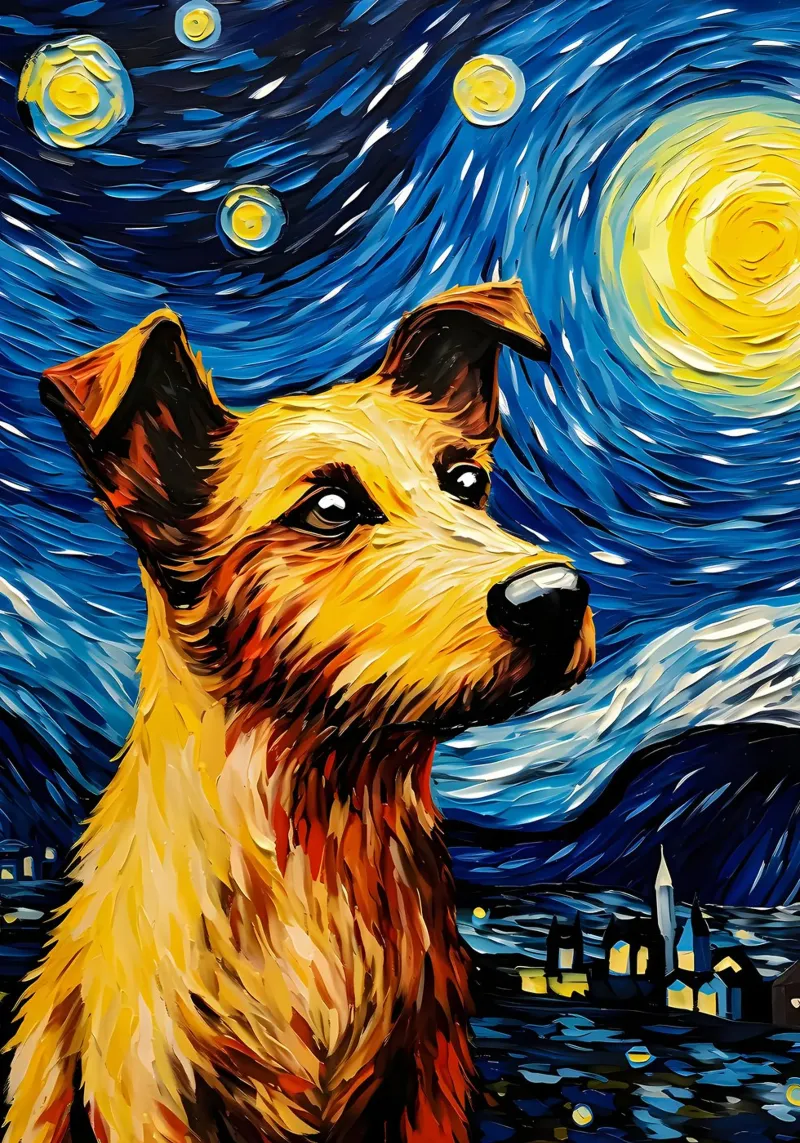 Il cane della notte stellata poster con telaio in legno da Adrian Patel