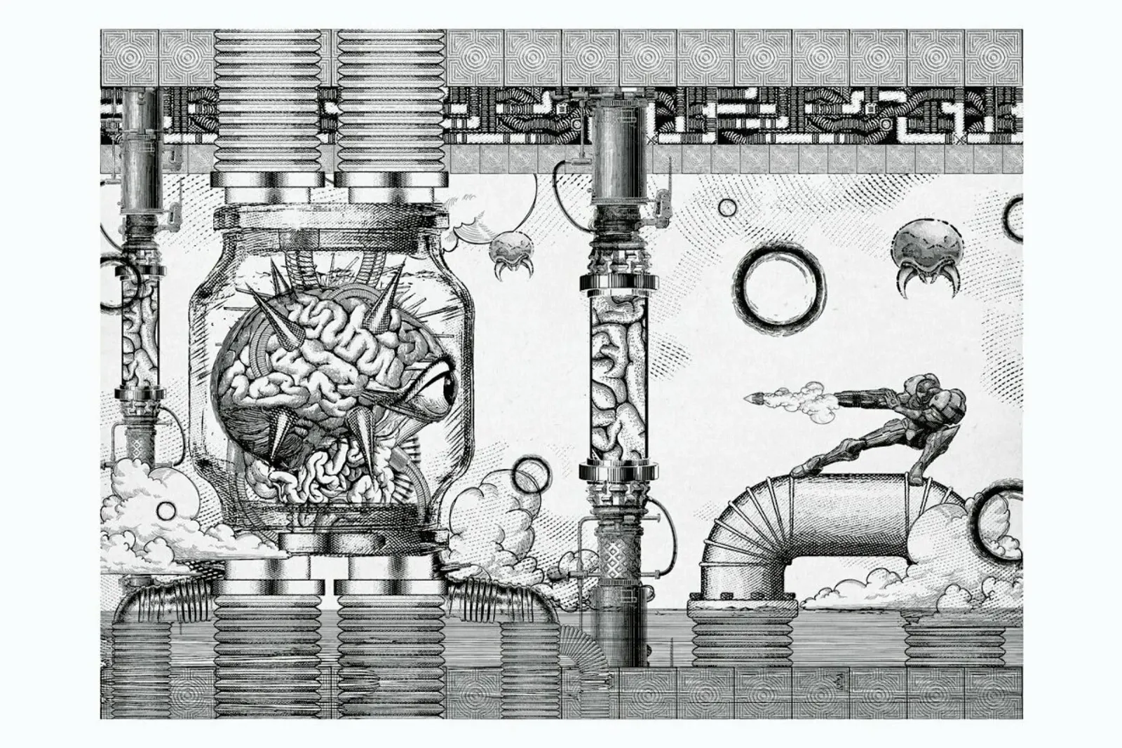 Metroid Mother Brain Vintage Scene poster con telaio in plastica da Barrett Biggers
