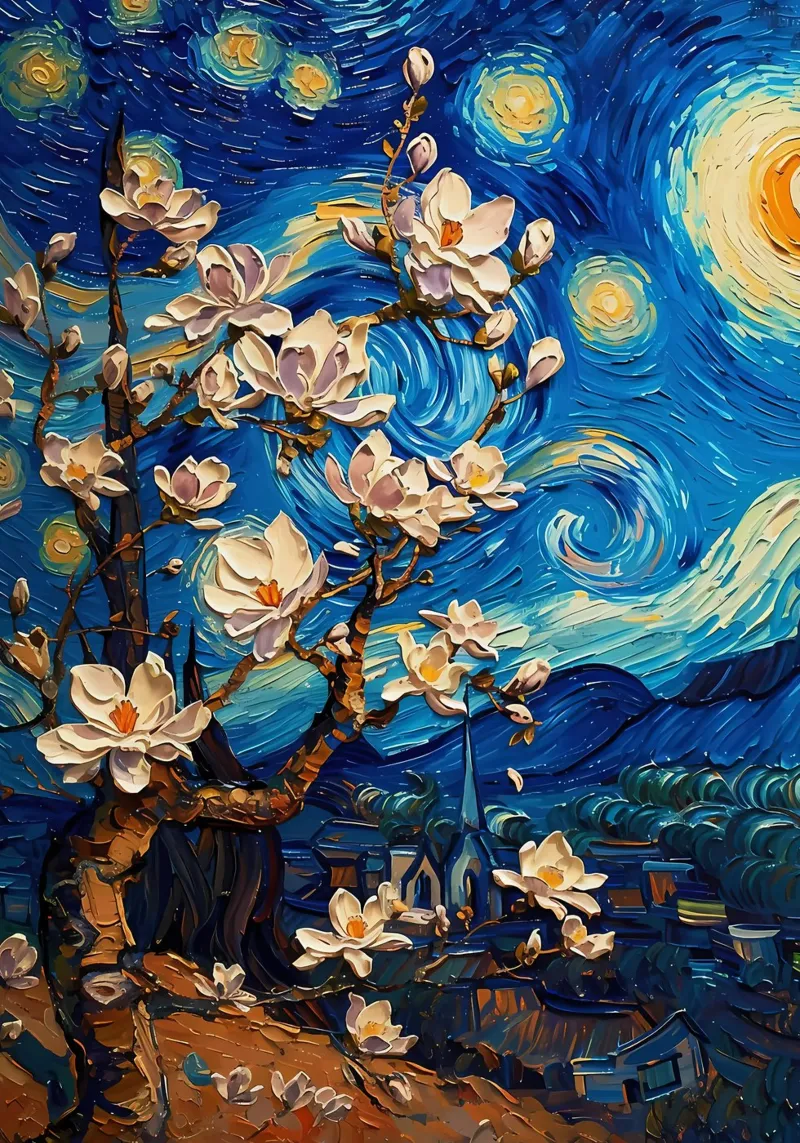 fiore di magnolia van gogh poster con telaio in legno da Adrian Patel