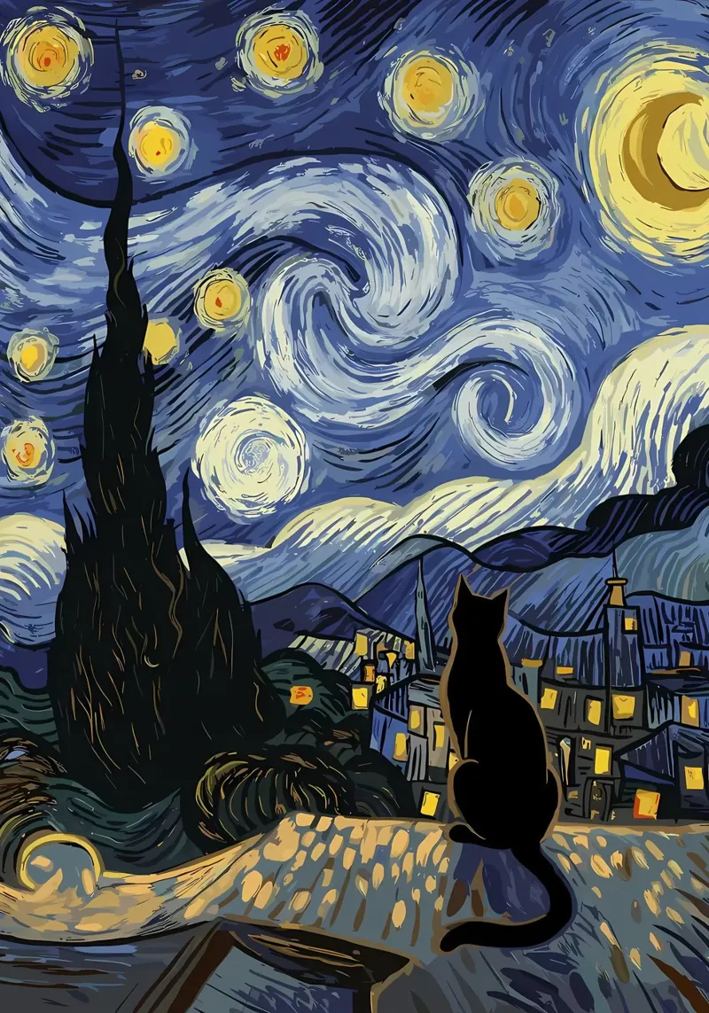 Gatto notturno stellato poster con telaio in alluminio da Adrian Patel