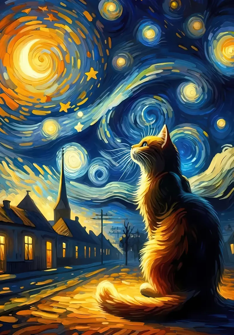 Gatto notte stellata van gogh poster con telaio in plastica da Adrian Patel