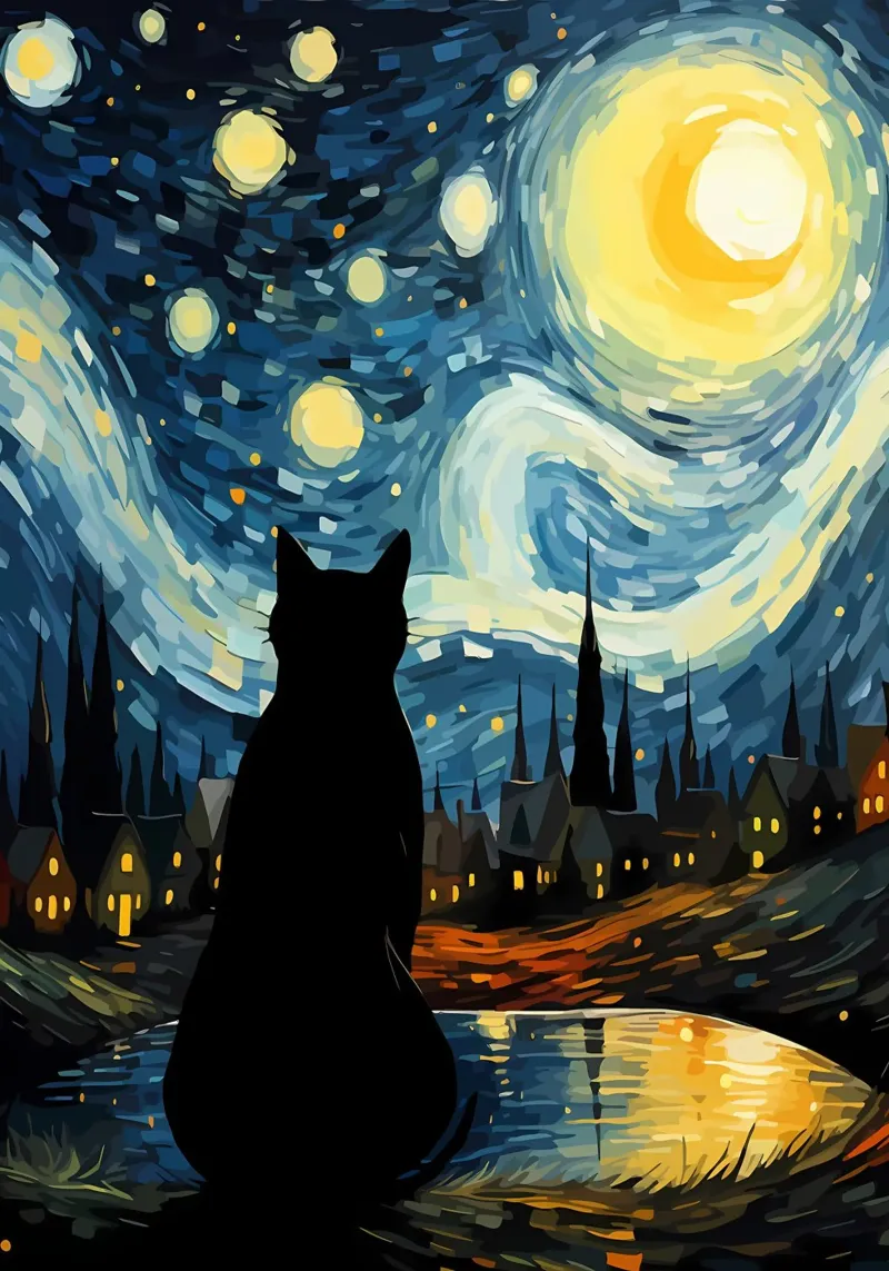 Gatto notturno stellato poster con telaio in alluminio da Adrian Patel