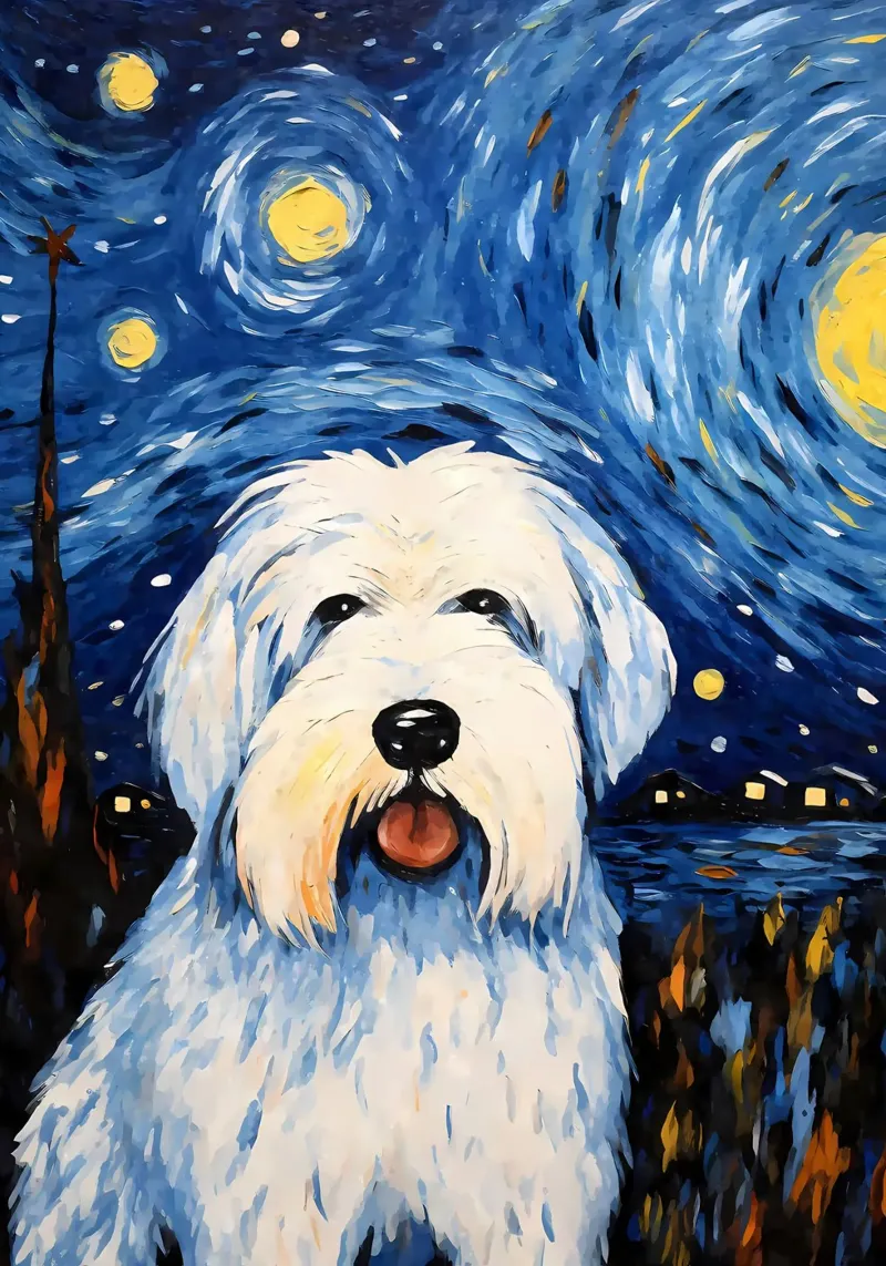 Notte del cane da pastore inglese poster con telaio in alluminio da Adrian Patel