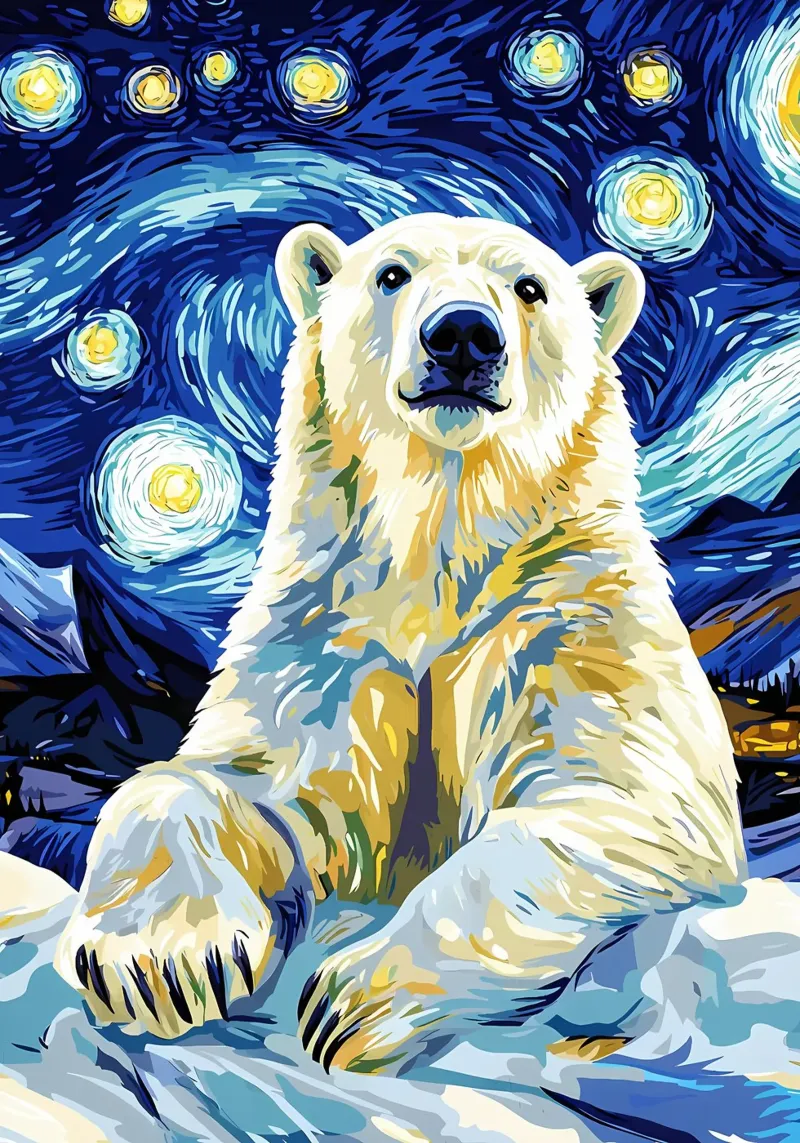 Notte stellata dell'orso polare poster con telaio in legno da Adrian Patel
