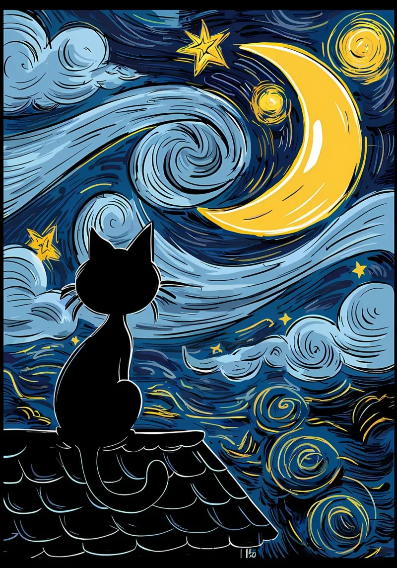 Cat Under Starry Night hahnemühle by Adrian Patel