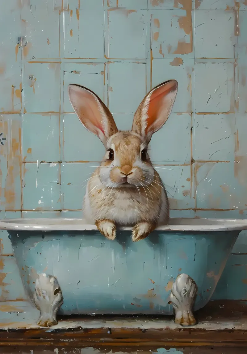 Coniglio nella vasca da bagno Arte del bagno poster con telaio in plastica da Adrian Patel