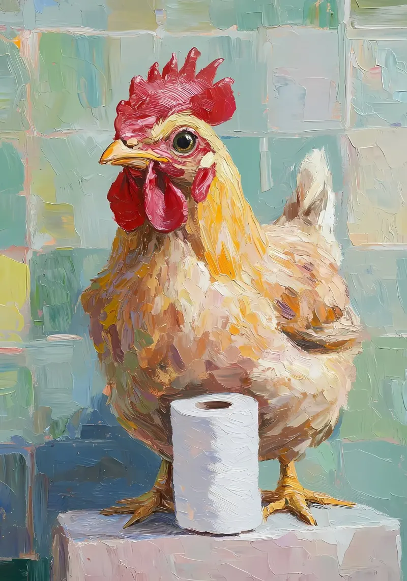 Pollo e carta igienica poster con telaio in legno da Adrian Patel