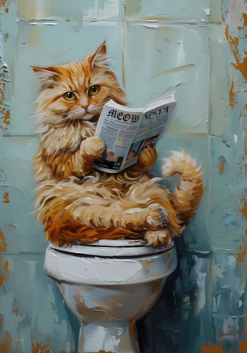 Kat leest krant op toilet canvas van Adrian Patel
