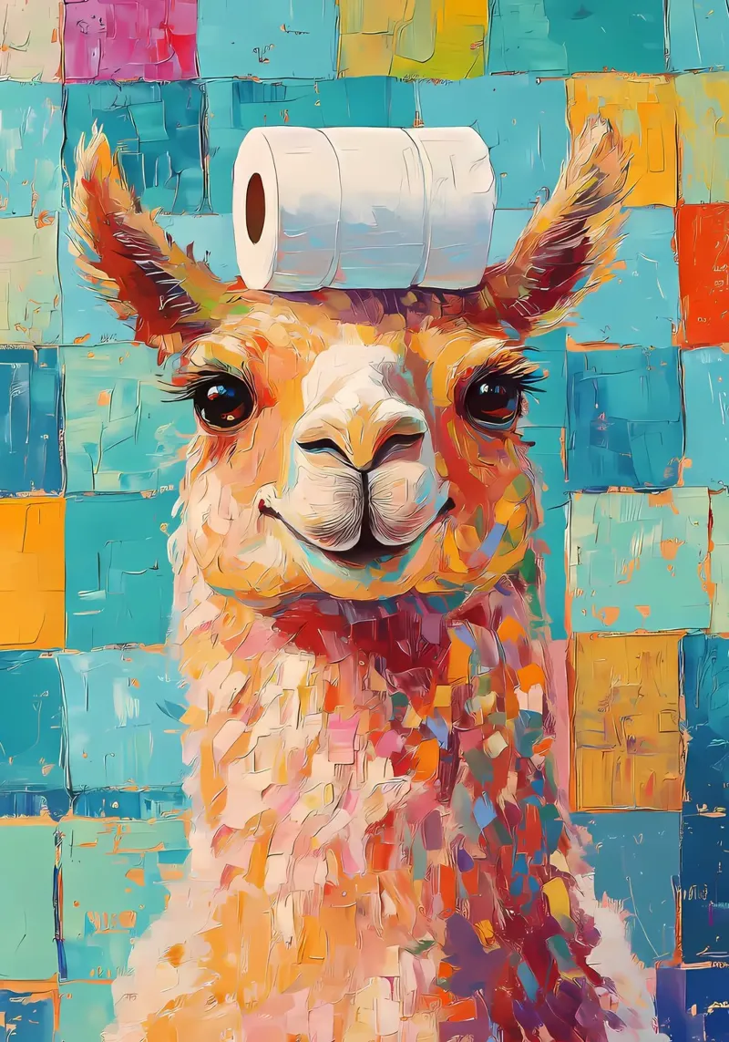 Lama met wc-hoed canvas van Adrian Patel