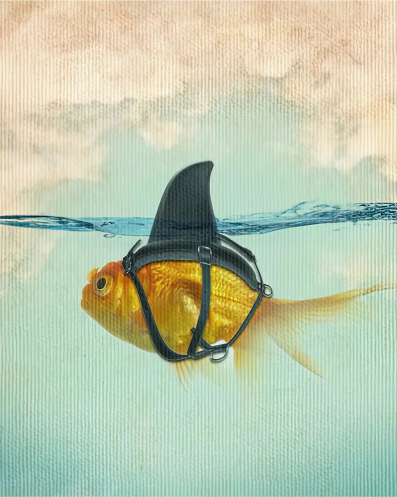 Déguisement brillant, poisson rouge avec un aileron de requin poster avec cadre en bois de isokun