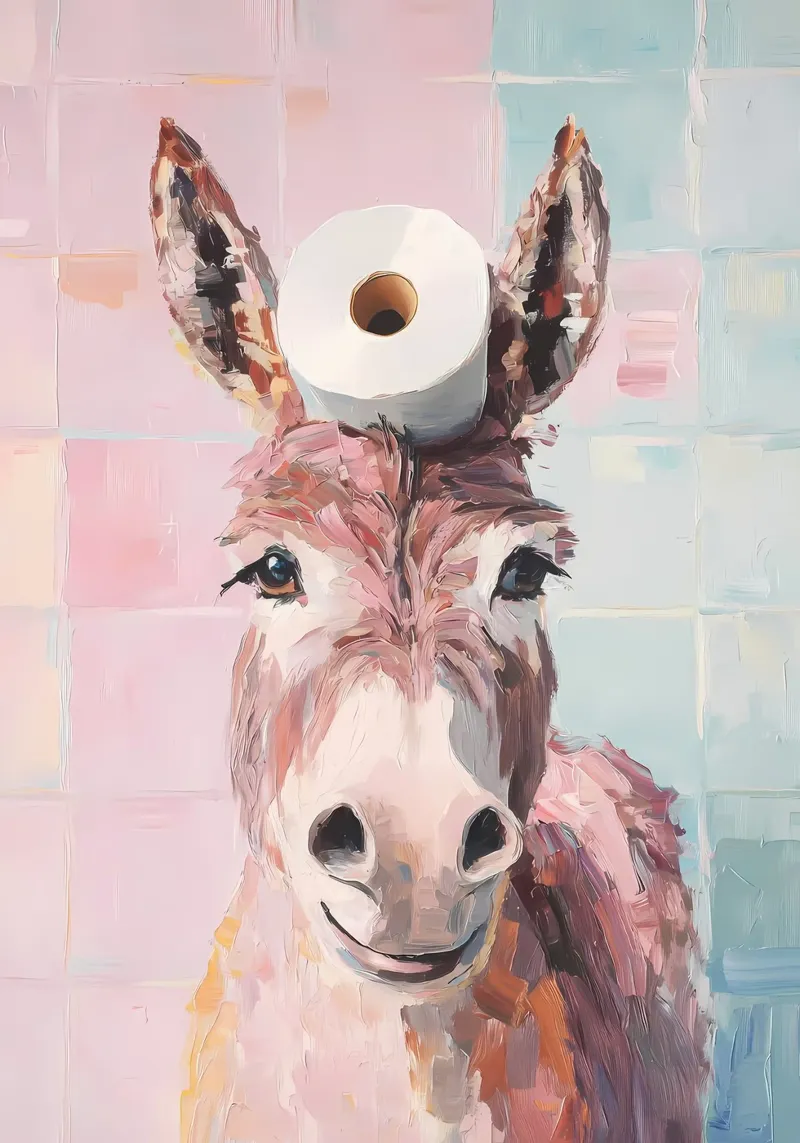 Ezel met wc-hoed canvas met Baklijst van Adrian Patel