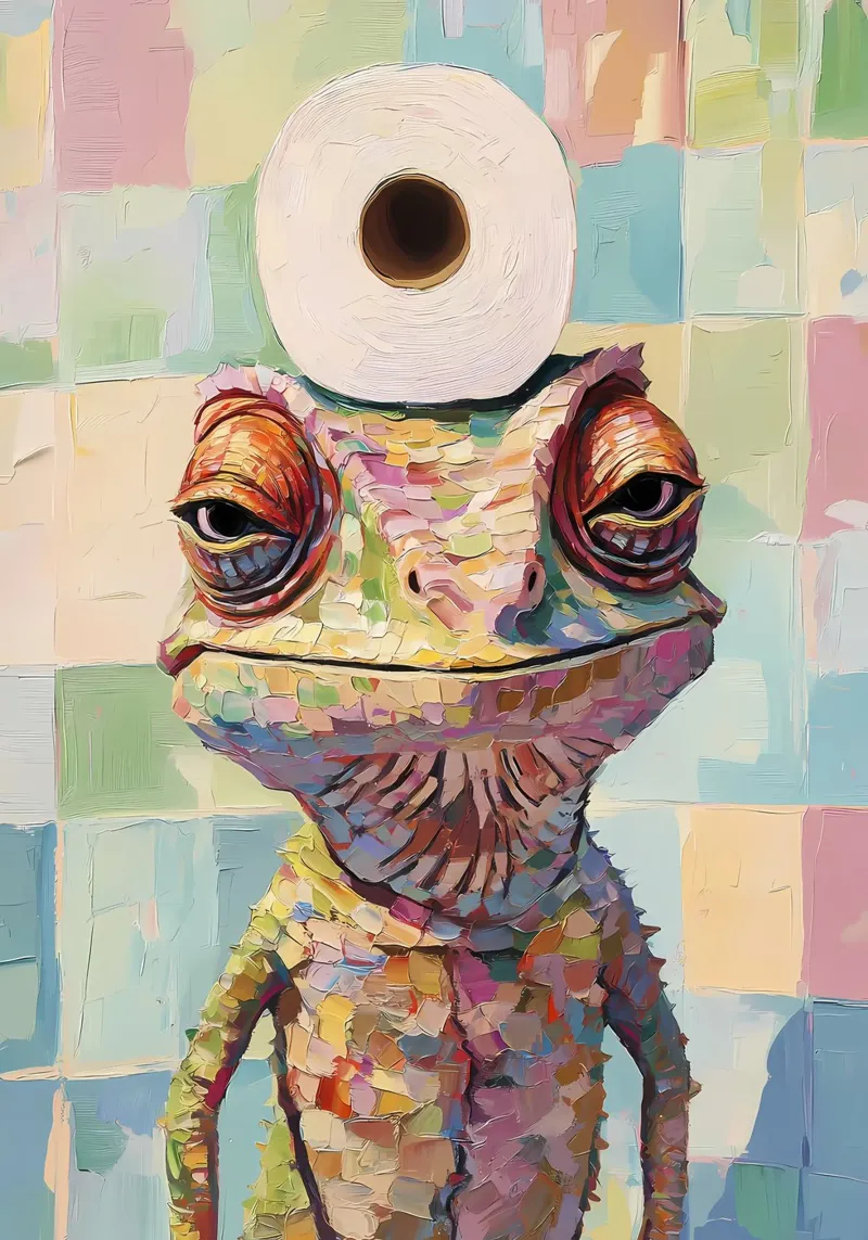 Lizard with Toilet Paper canvas with Floater frame by Adrian Patel