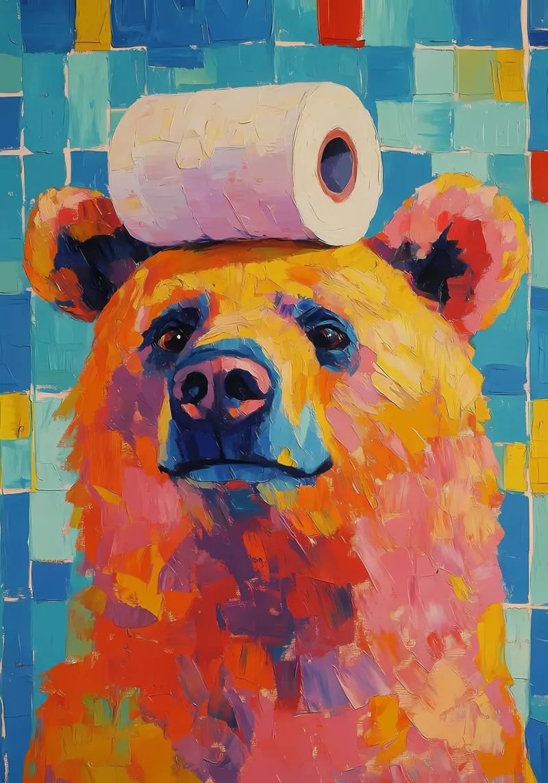 Orso con carta igienica poster con telaio in legno da Adrian Patel