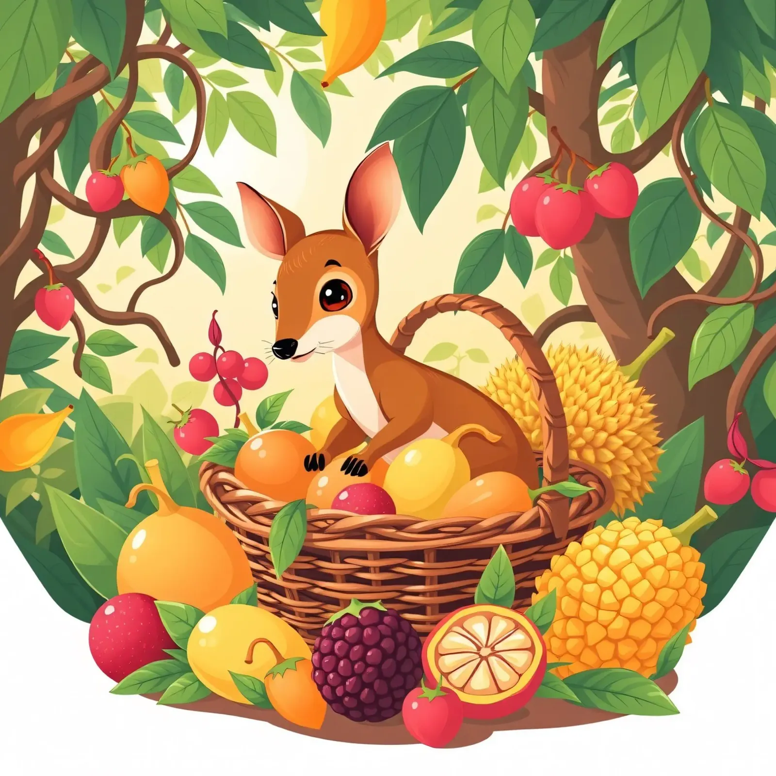 lindo ciervo de dibujos animados descansando junto a una cesta llena de frutas lienzo con Marco flotante de DesignDoodle