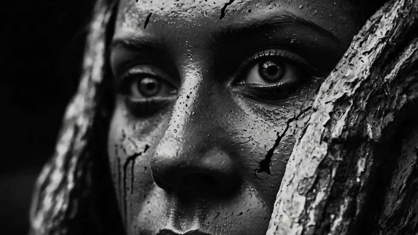 A woman with painted face and tree bark backdrop canvas by DesignDoodle