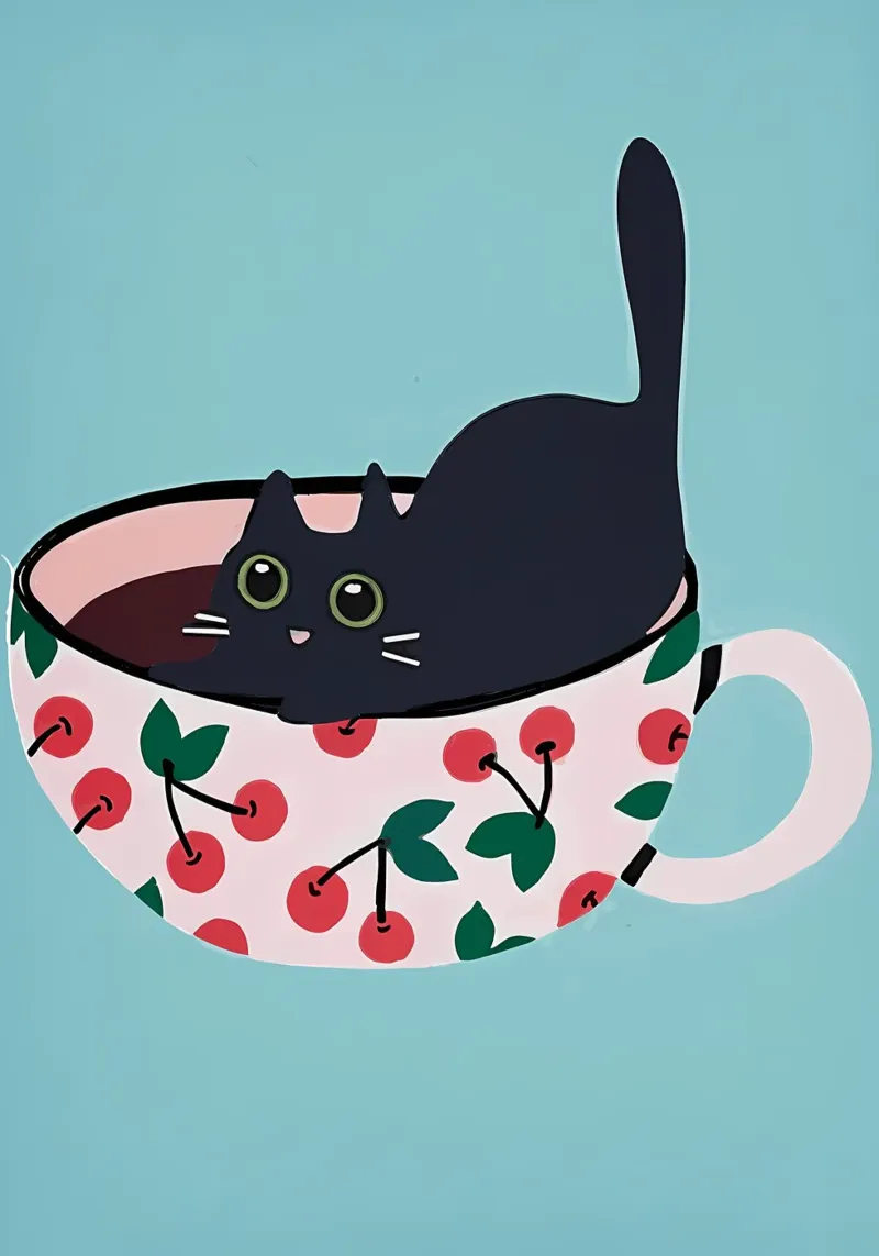 Chat noir dans une tasse de thé poster avec cadre en plastique de Bartosz Powalka