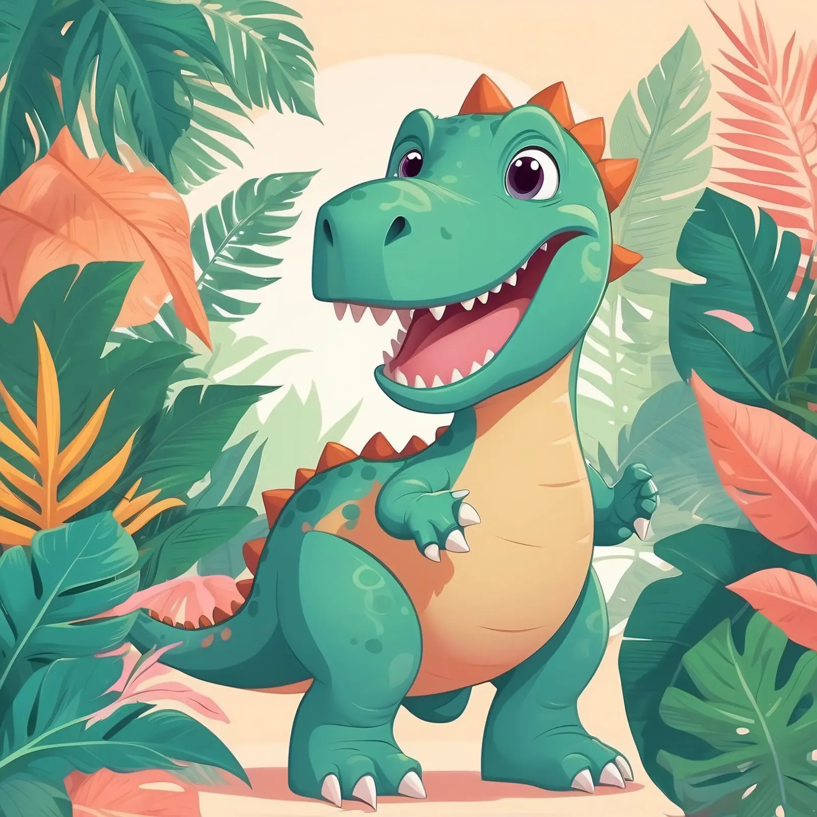 Un simpático dinosaurio de dibujos animados en medio de una exuberante vegetación metacrilato de DesignDoodle