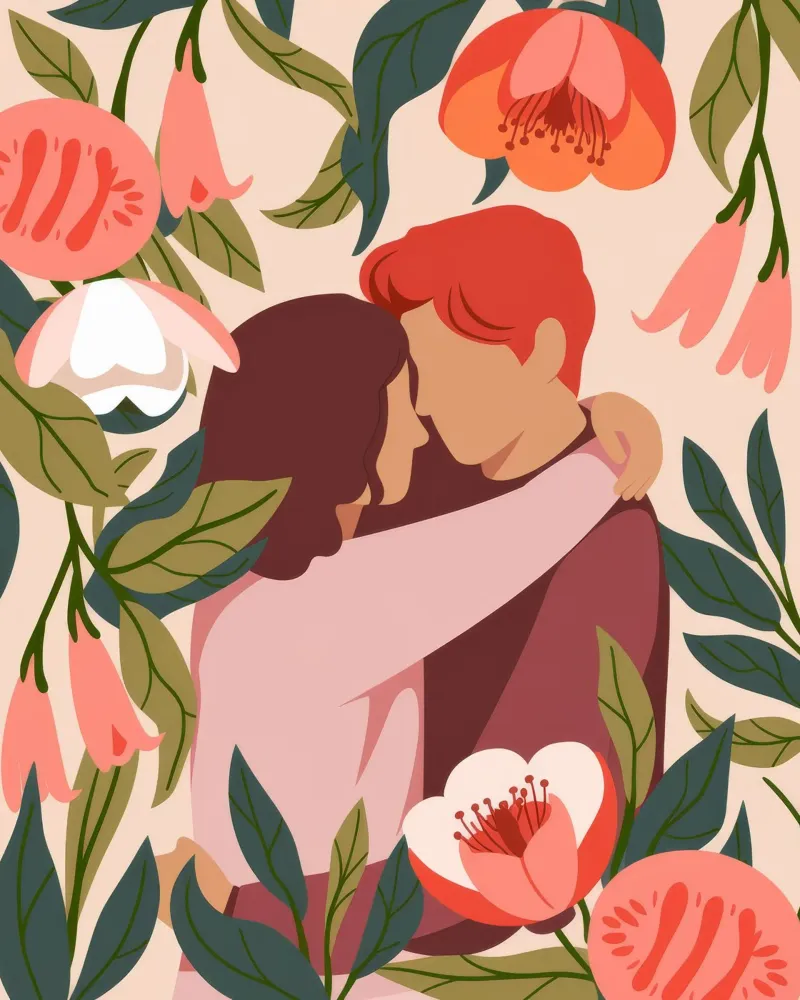 Baiser floral passionné poster avec cadre en bois de Lumina Vision