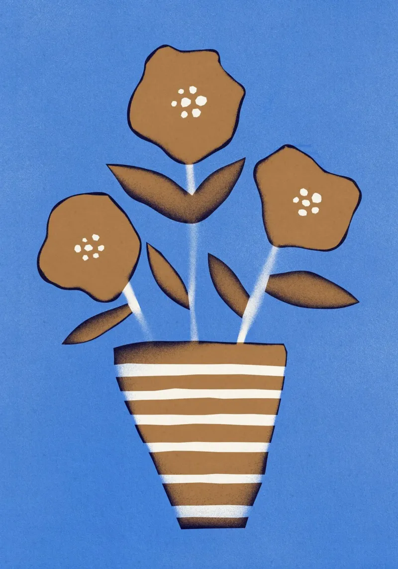 Fiori e strisce / Blu e marrone poster con telaio in alluminio da Alisa Galitsyna