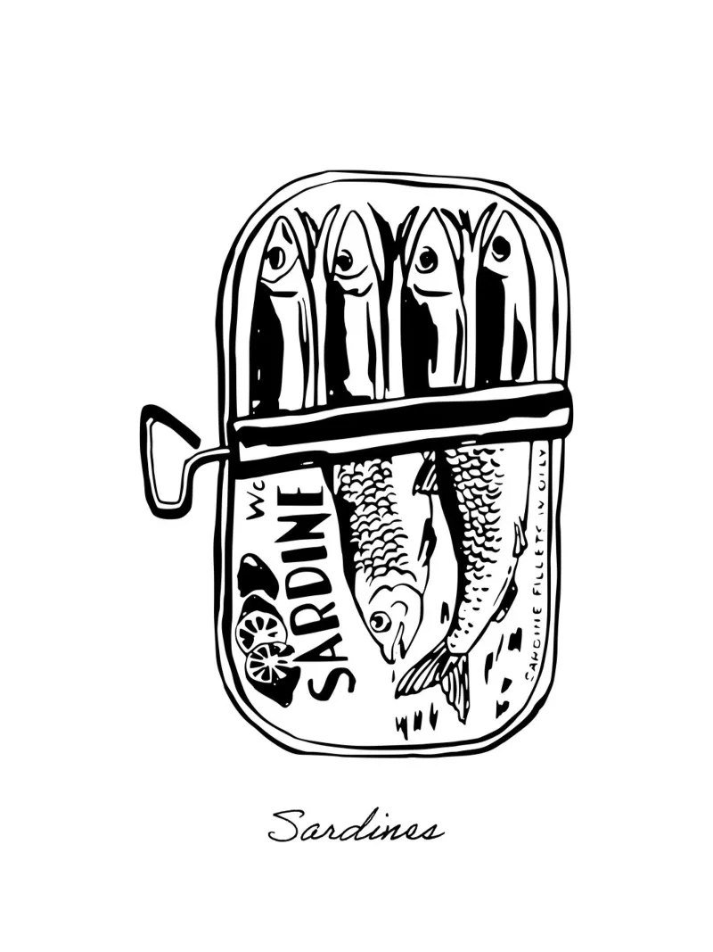 Sardine in scatola, disegno in bianco e nero pellicola backlit da Peaches Art Prints
