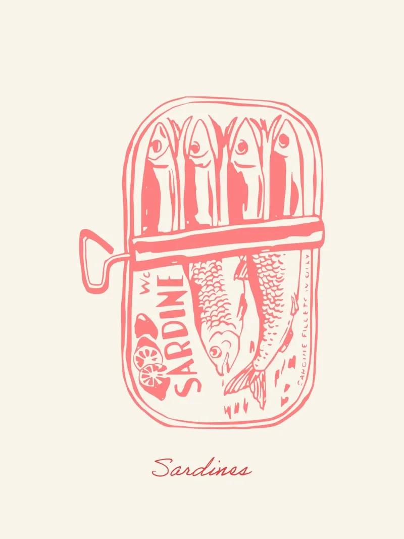 Sardines in blik, Roze Tekening canvas met Baklijst van Peaches Art Prints