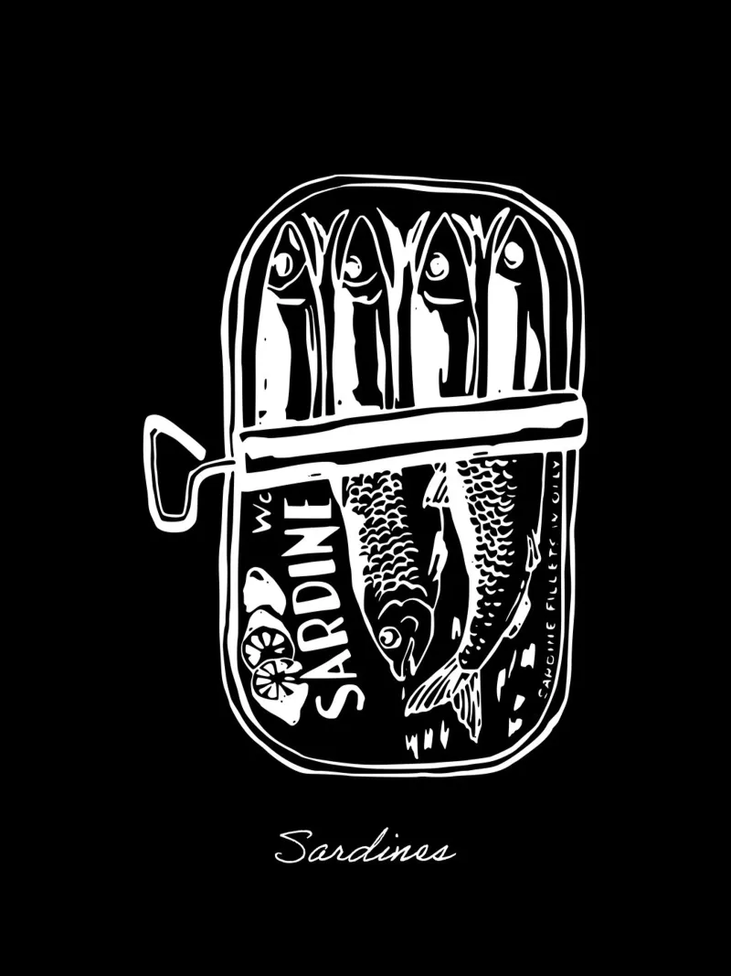 Sardine in scatola, disegno bianco e nero pellicola backlit da Peaches Art Prints