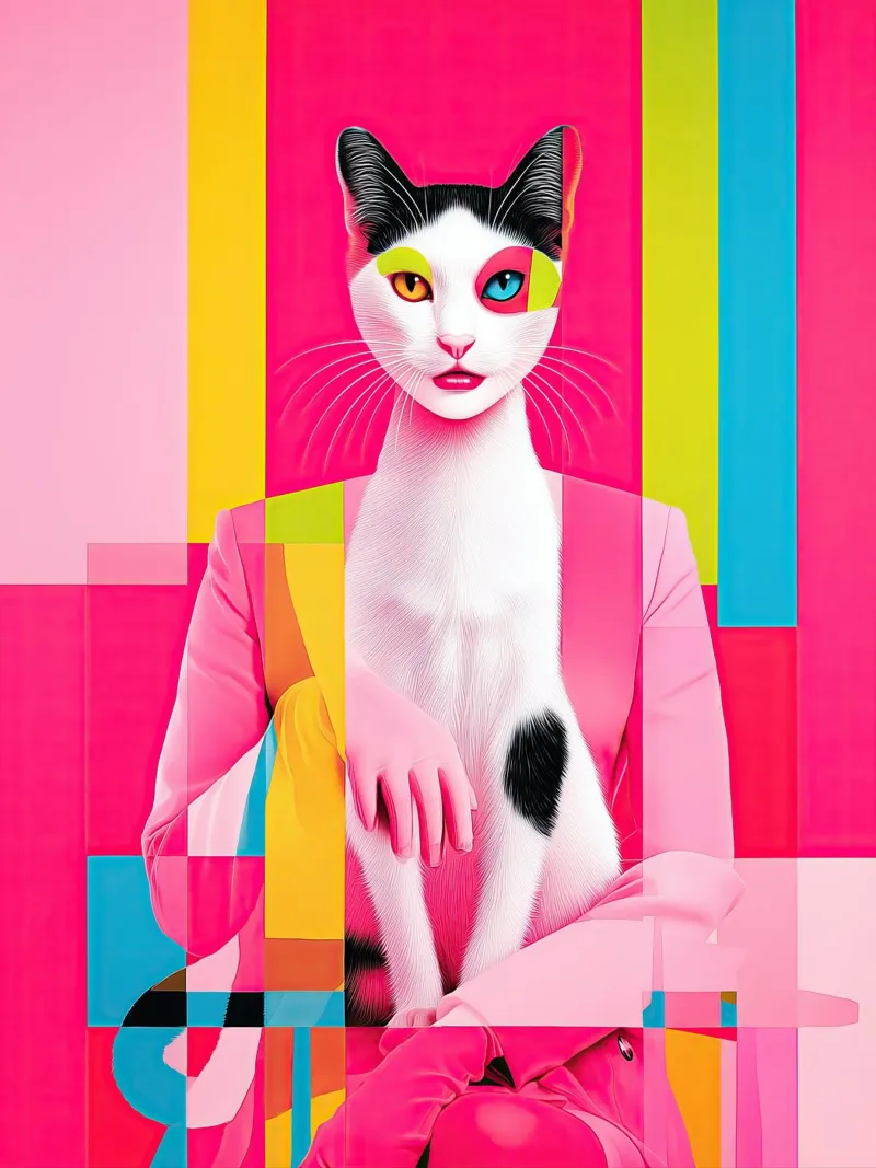 Karma Is A Cat | Pittura surreale di un gatto poster con telaio in plastica da Autofocus